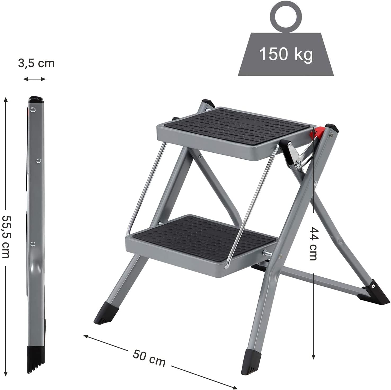 Scaletta a 2 gradini, A44xL50cm, portata 150 kg, Dimensioni piegate: A 55.5xP3.5 cm