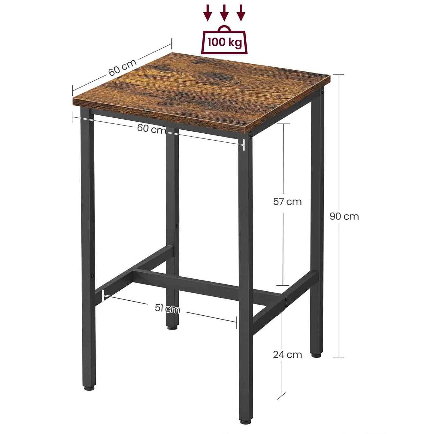 VASAGLE - Tavolino da bar, Tavolino alto quadrato per colazione, 60 x 60 x 90 cm, Marrone vintage e nero