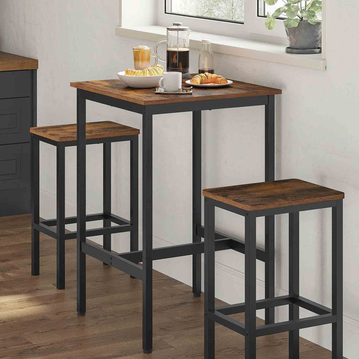 VASAGLE - Tavolino da bar, Tavolino alto quadrato per colazione, 60 x 60 x 90 cm, Marrone vintage e nero
