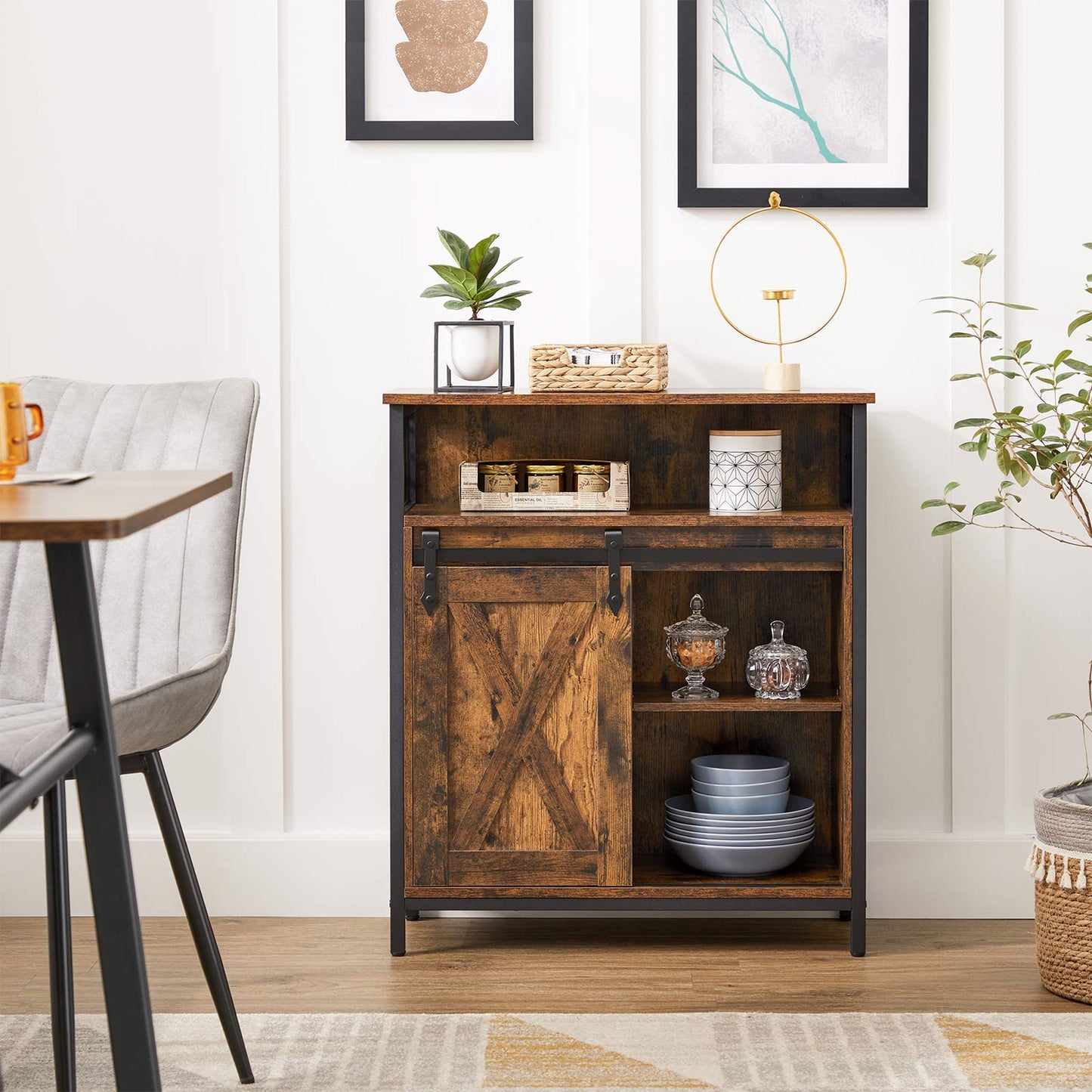 VASAGLE - Armadietto, Credenza con Anta Scorrevole, Scomparto Aperto, Ripiano Regolabile, per Cucina