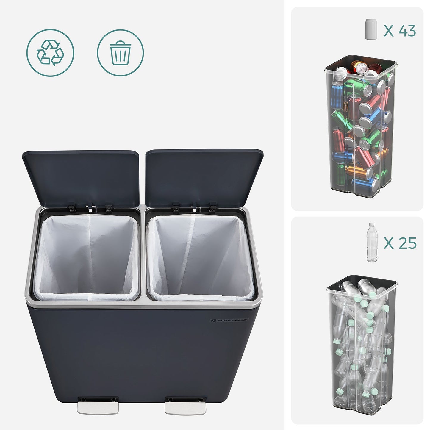 Cestino spazzatura doppio di 30l, Songmics, 2