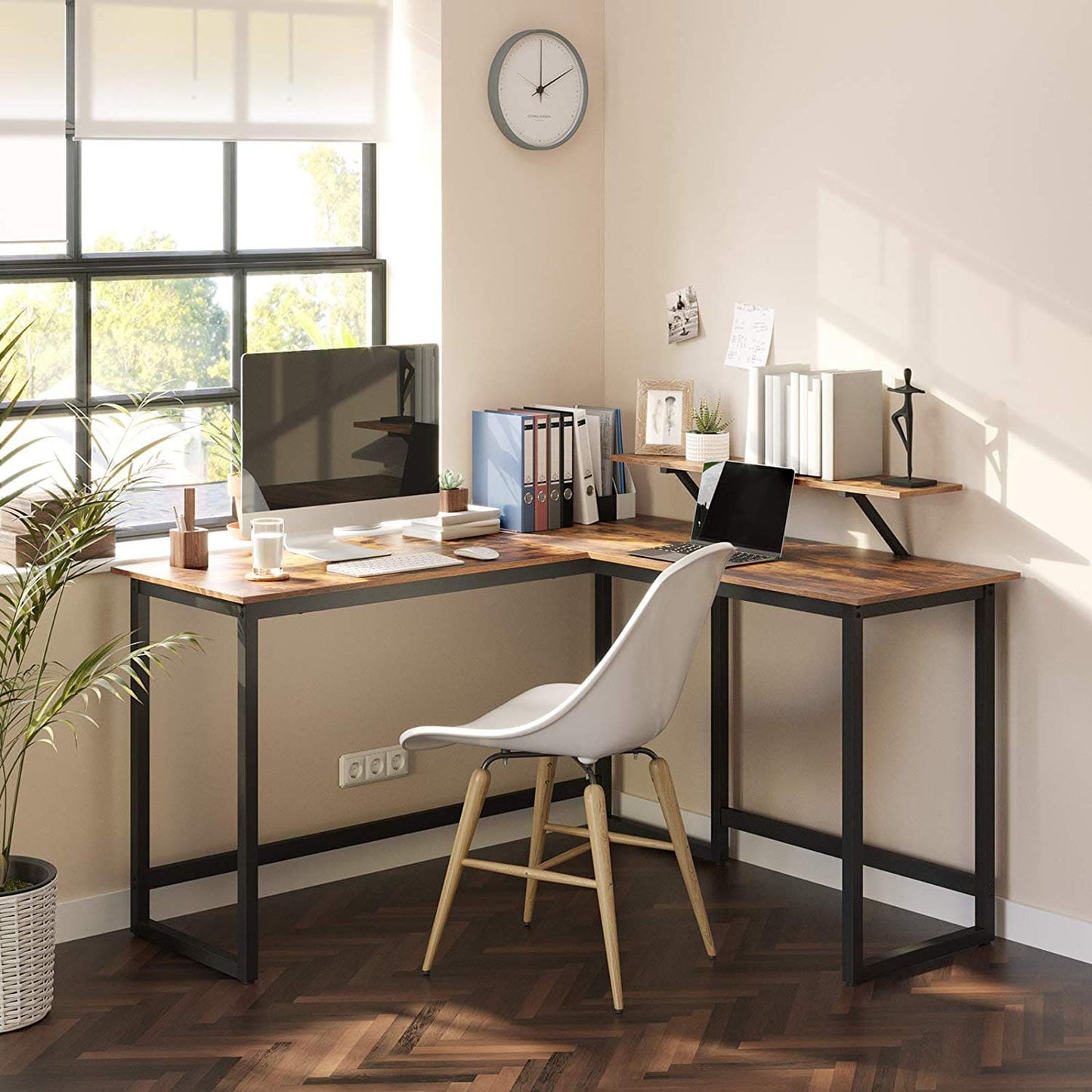 Scrivania per PC, scrivania ad angolo grande, ripiano per monitor o libri, design industriale, struttura robusta - VASAGLE
