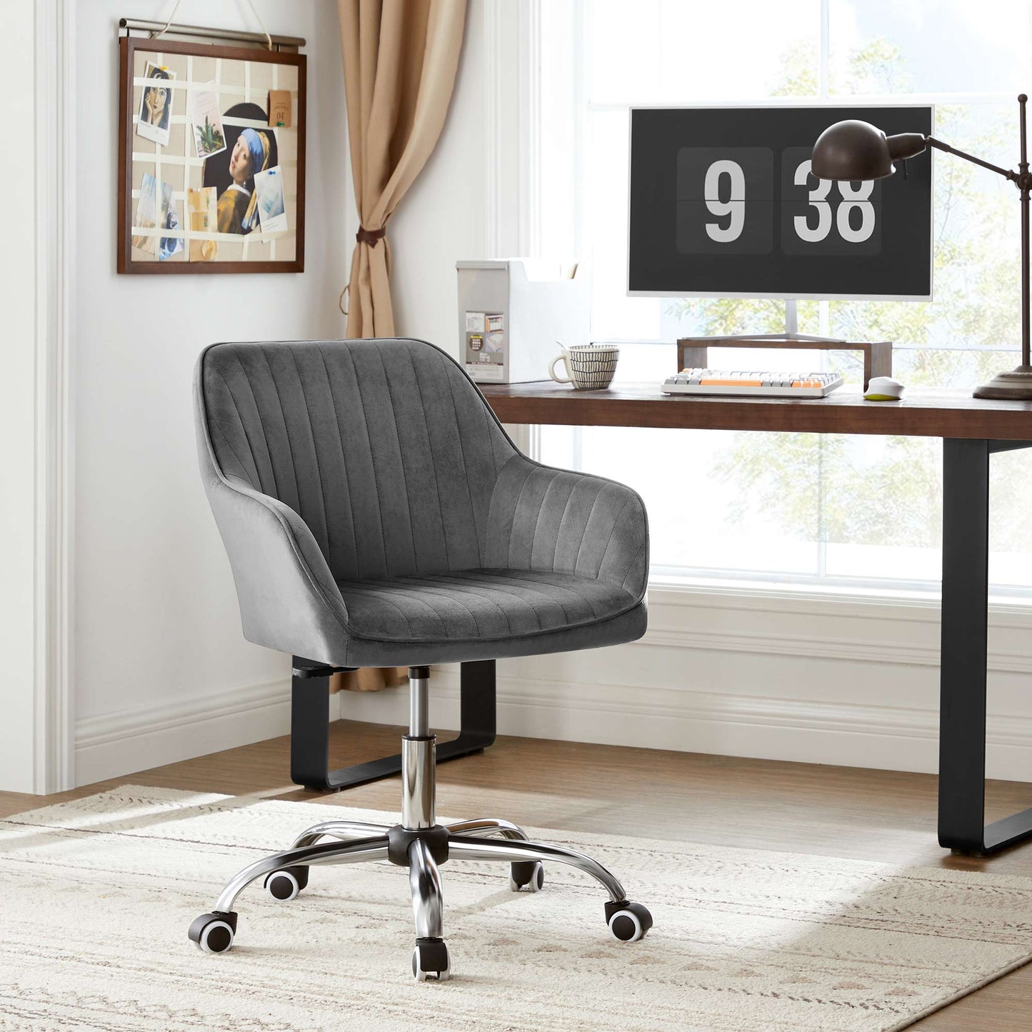 Sedia da scrivania, superficie in velluto, Poltrona girevole, Regolabile in altezza, Grigio - Songmics