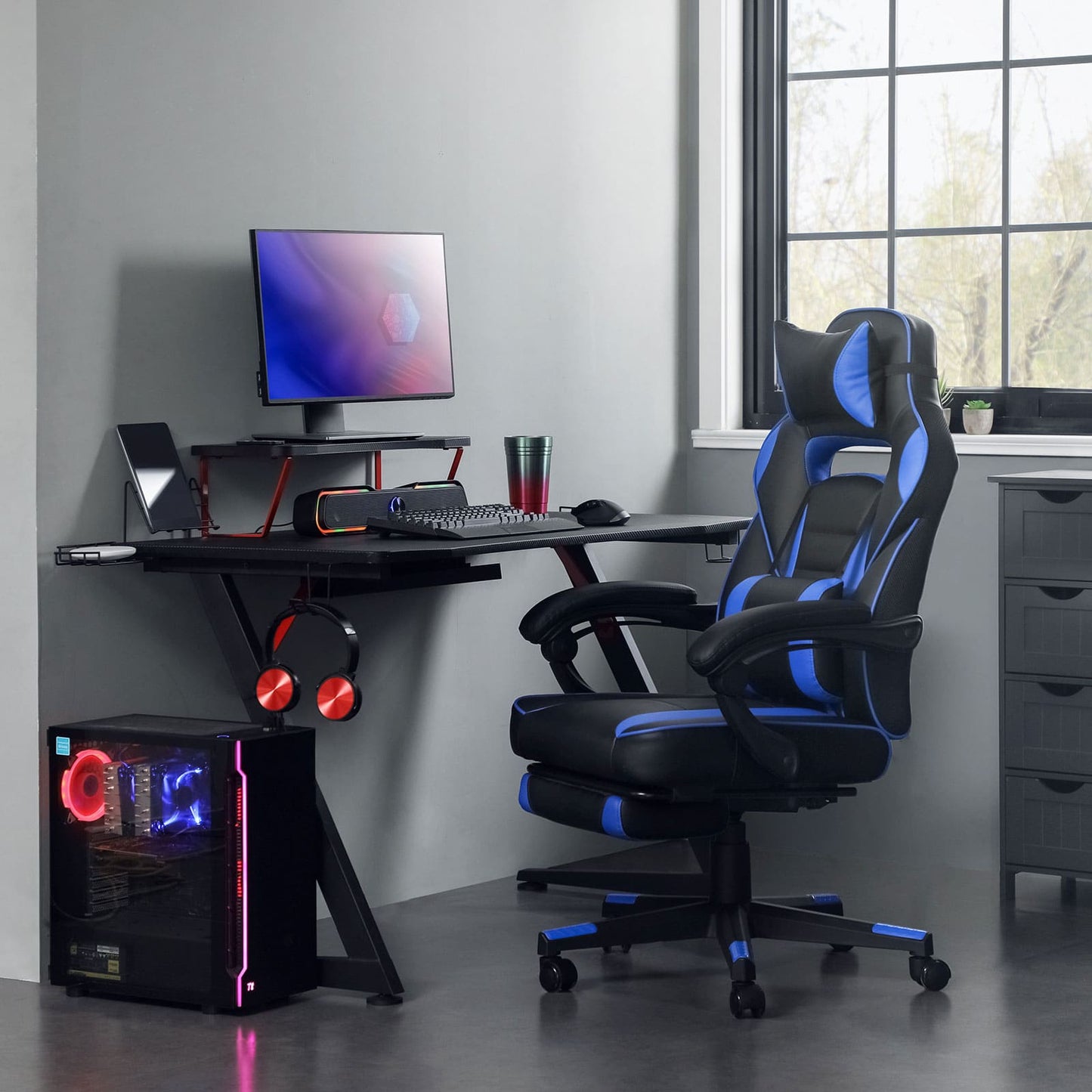 Sedia da Gaming, Sedia da Ufficio, con Poggiatesta, Cuscino Lombare, Altezza Regolabile, Carico Fino a 150 kg, Songmics, 1