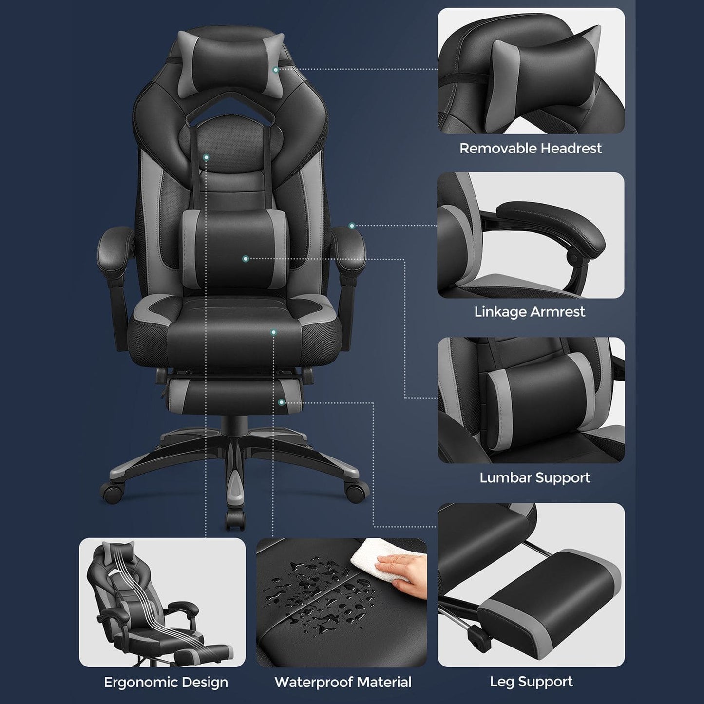 Sedia da gioco, sedia da ufficio con poggiapiedi, sedia da scrivania, poggiatesta regolabile, SONGMICS 1
