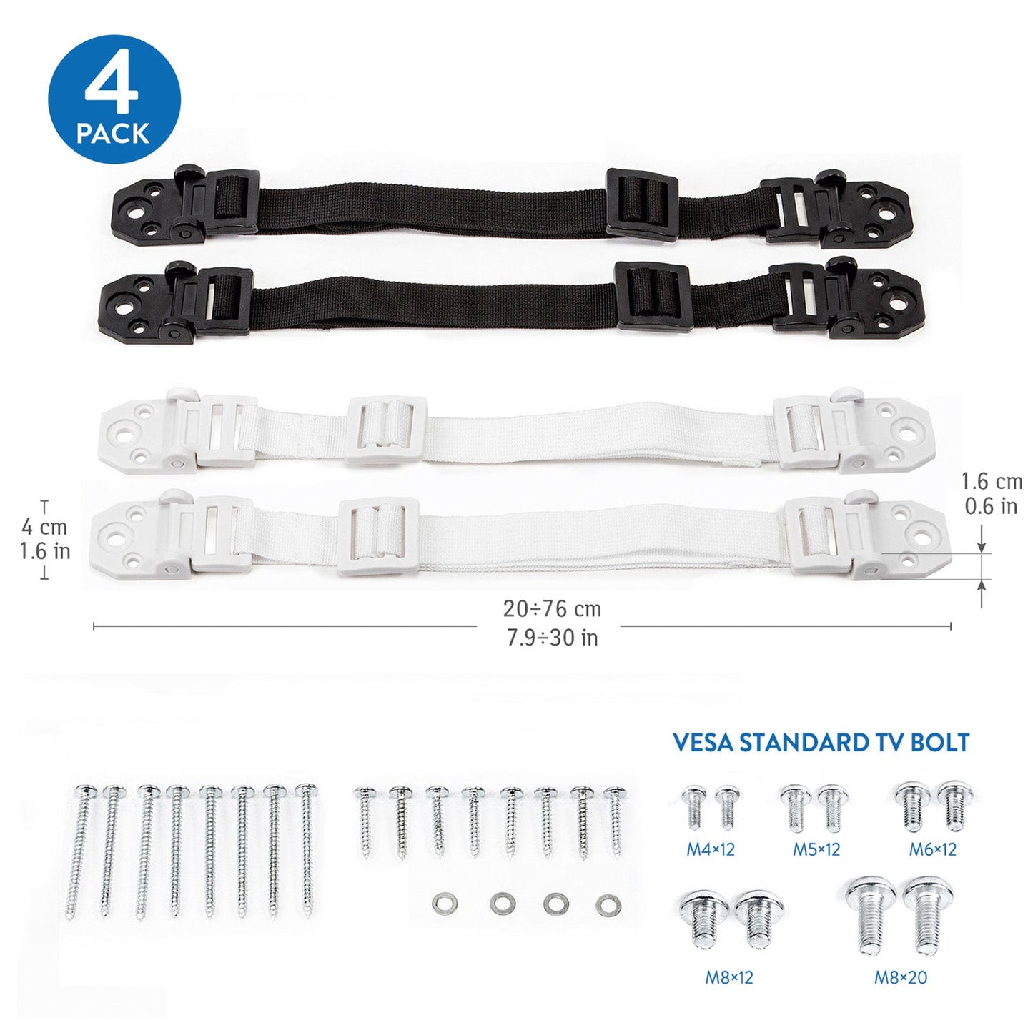 Tatkraft Protect - Lacci di Sicurezza per Supporti TV / Antiribaltamento TV / Safety Straps per Bambini Anti-Ribaltamento 4 Pack, 2 Bianchi / 2 Neri
