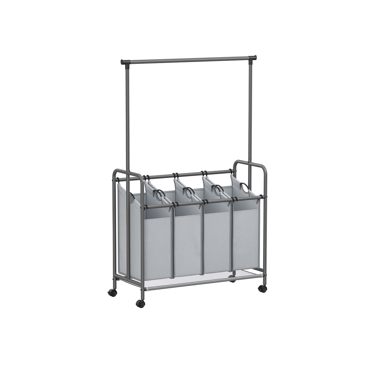 Songmics, Porta biancheria, Carrello Portabiancheria, 4 Scomparti, Cesto portabiancheria, asta, ruote con freno, 6