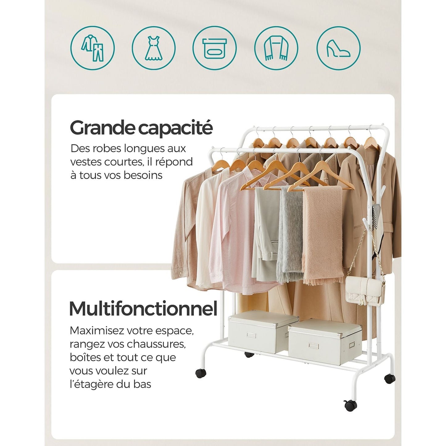 Rella Appendiabiti, Appendiabiti con Ruote, Stender Appendiabiti, 2 barrette di vestiti, SONGMICS, 3