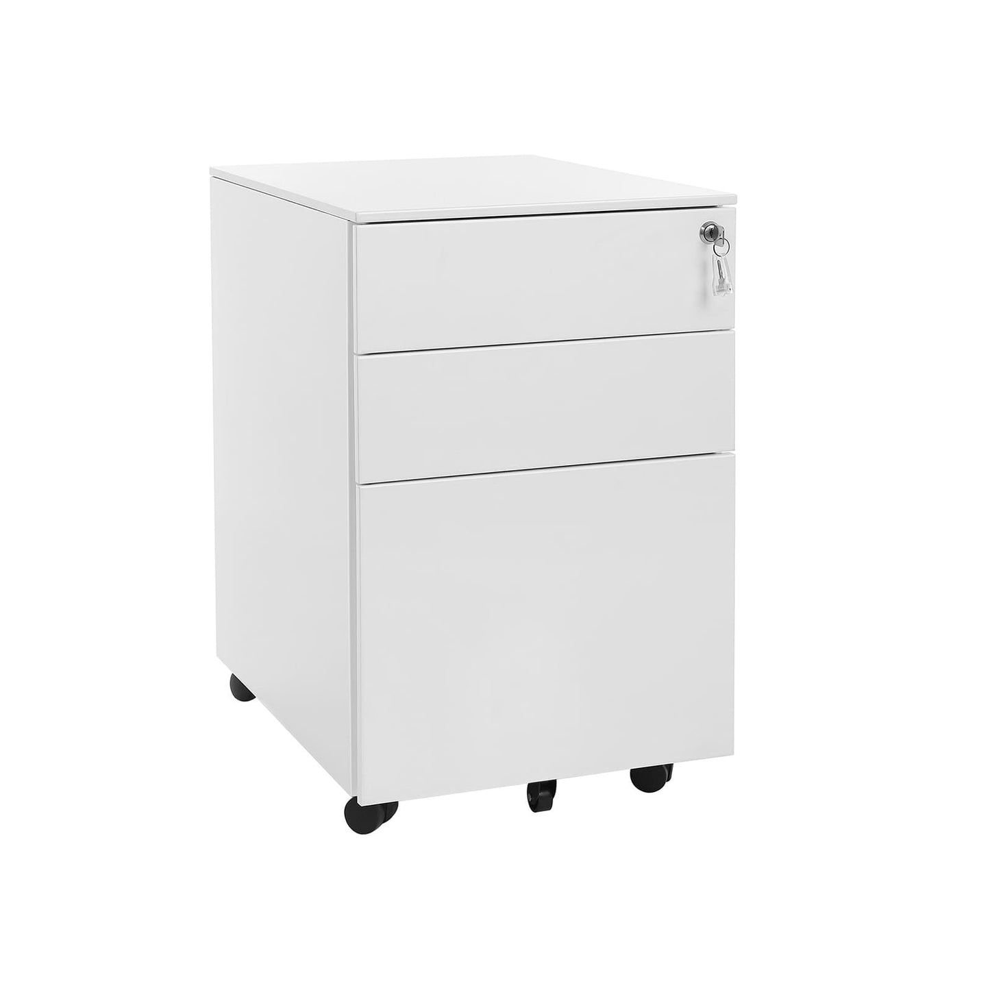 Cassettiere Mobile, tre cassetti con serratura, quello superiore con chiave, su ruote, bianco, SONGMICS
