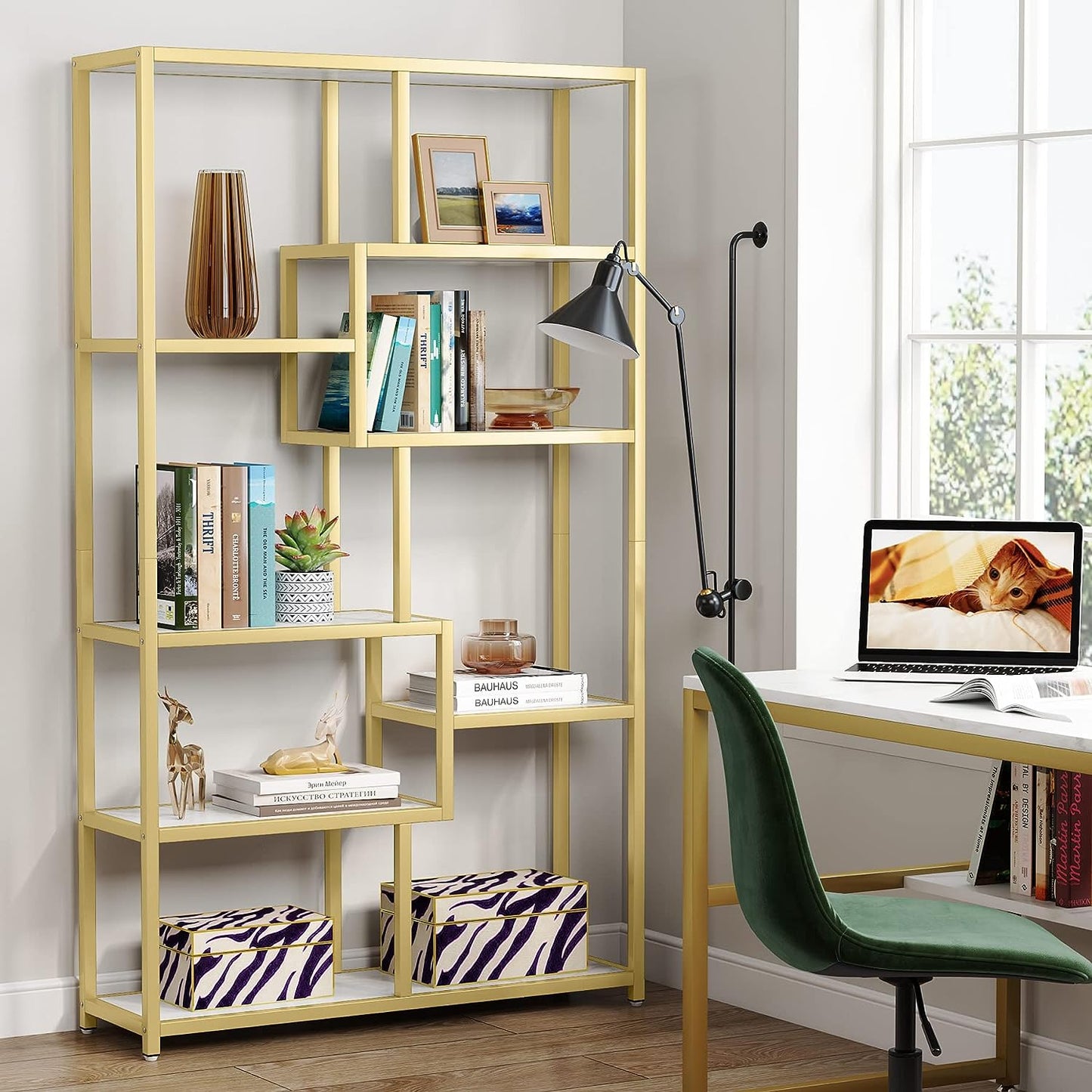 Tribesigns, libreria in oro con 8 ripiani aperti etagere libreria con finto marmo, 6