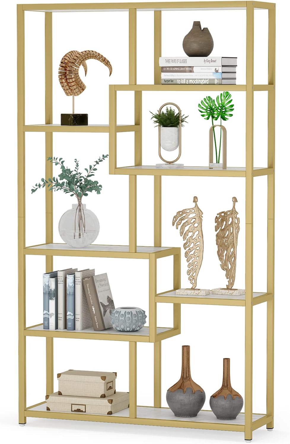 Tribesigns, libreria in oro con 8 ripiani aperti etagere libreria con finto marmo, 5
