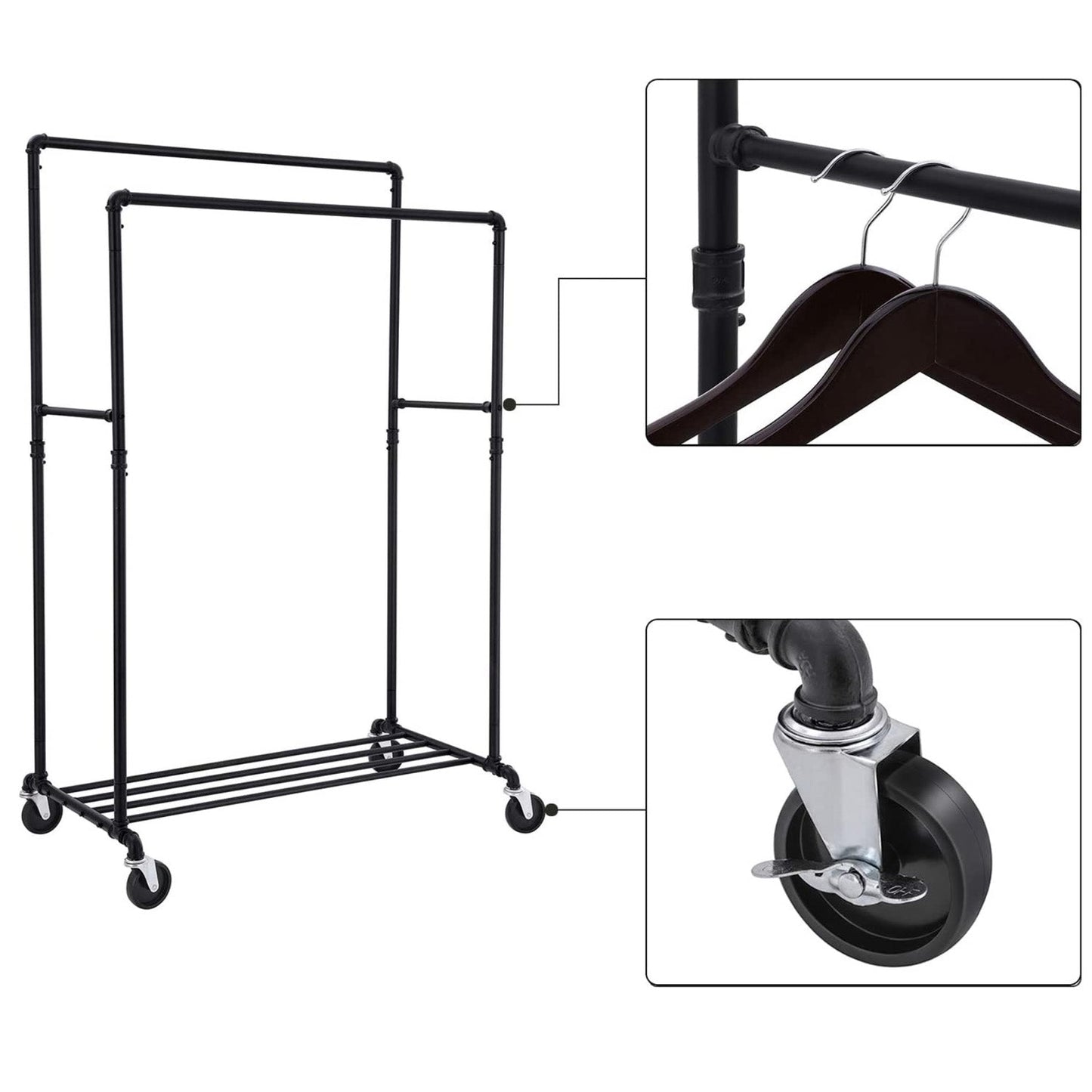 SONGMICS - appendiabiti in metallo resistente, con ruote, portata fino a 110 kg, design industriale, con 2 aste appendiabiti, colore: nero