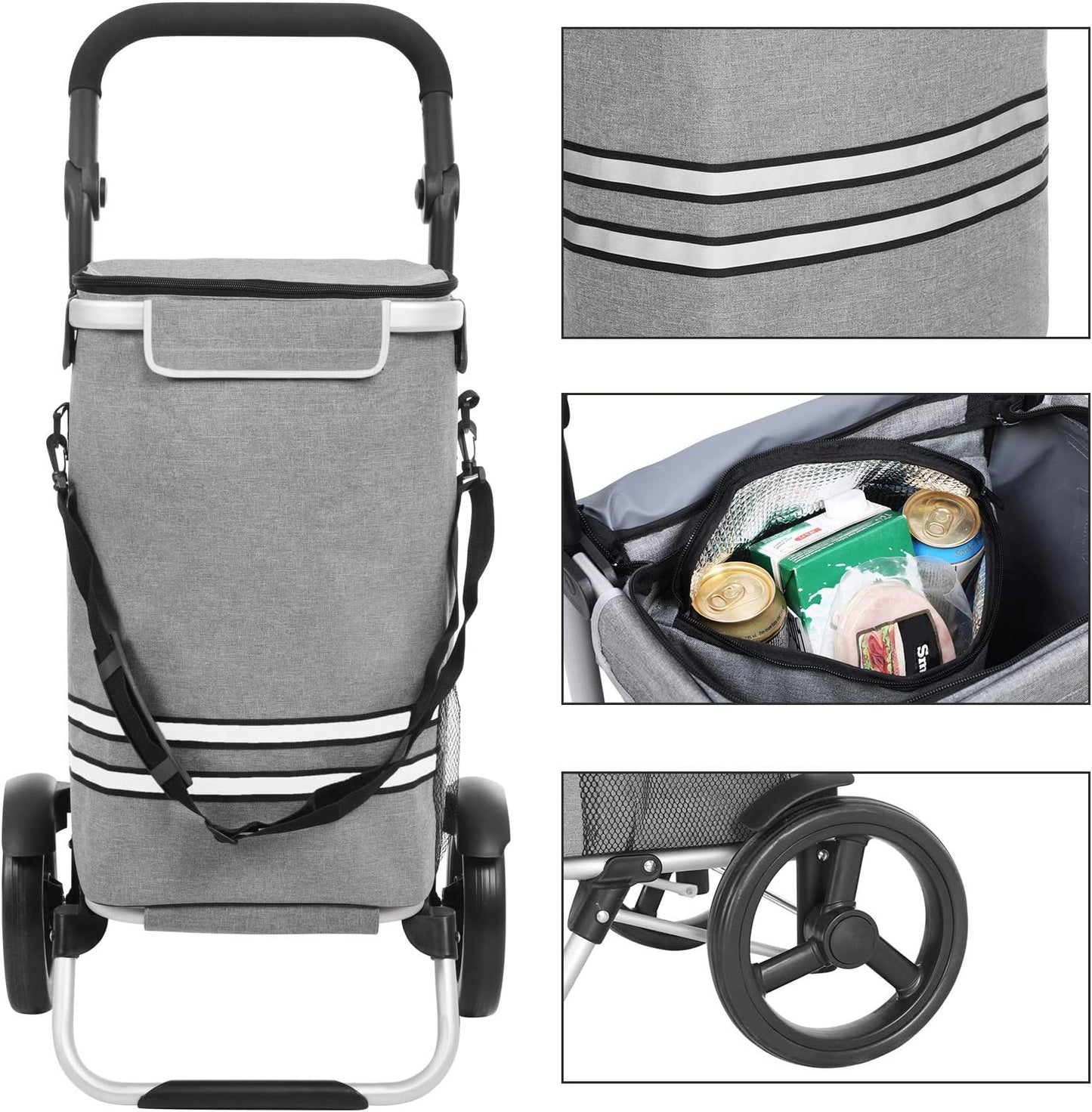 Carrello Portaspesa, Carrello della Spesa, Borsa termica, Capacità 35 l, Rotelle, Trolley spesa, Grigio, Songmics, 2