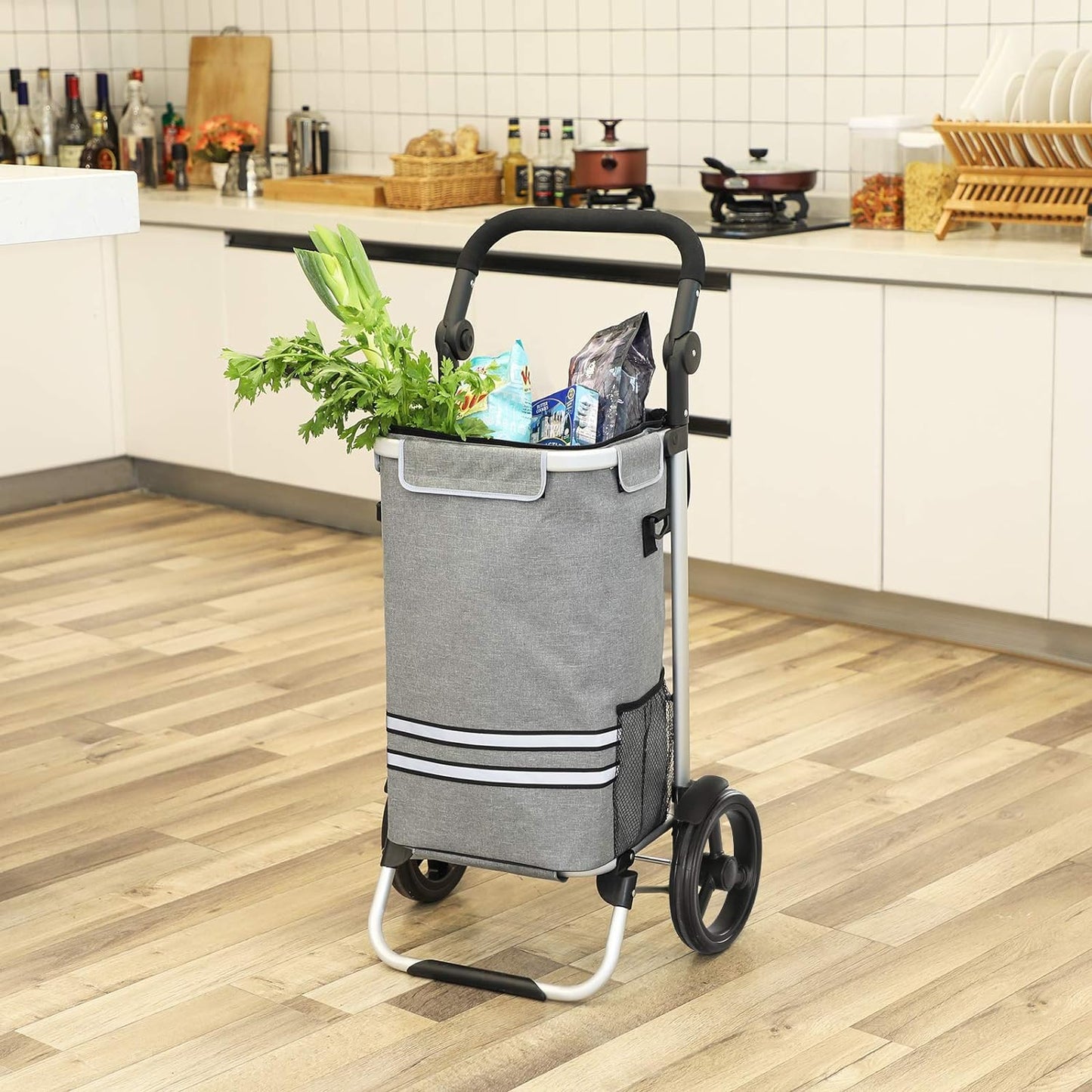 Carrello Portaspesa, Carrello della Spesa, Borsa termica, Capacità 35 l, Rotelle, Trolley spesa, Grigio, Songmics, 3