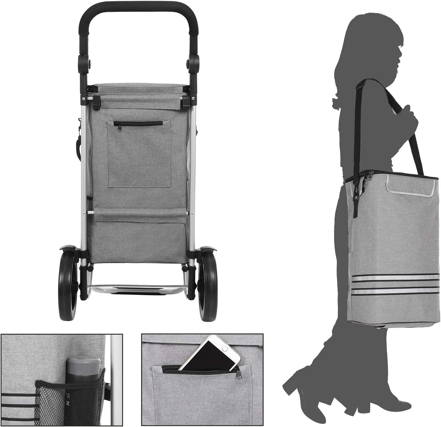 Carrello Portaspesa, Carrello della Spesa, Borsa termica, Capacità 35 l, Rotelle, Trolley spesa, Grigio, Songmics, 5