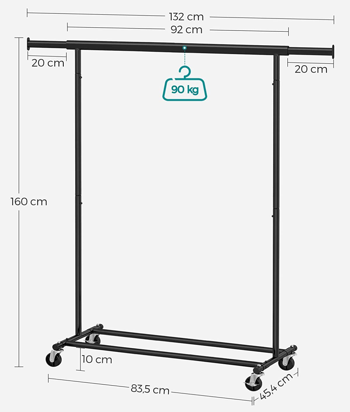 SONGMICS - Stand appendiabiti con ruote, Attaccapanni estensibile per carichi pesanti, Portata max 90 kg, Facile da montare, Portatile, Nero
