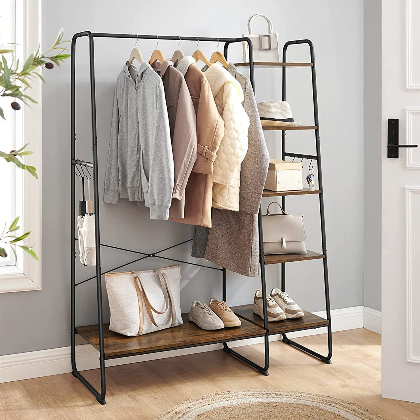 Stand Appendiabiti, Appendiabiti da Terra, Stabile e Robusto, 5 livelli, Guardaroba con deposito per scarpe, VASAGLE, 1
