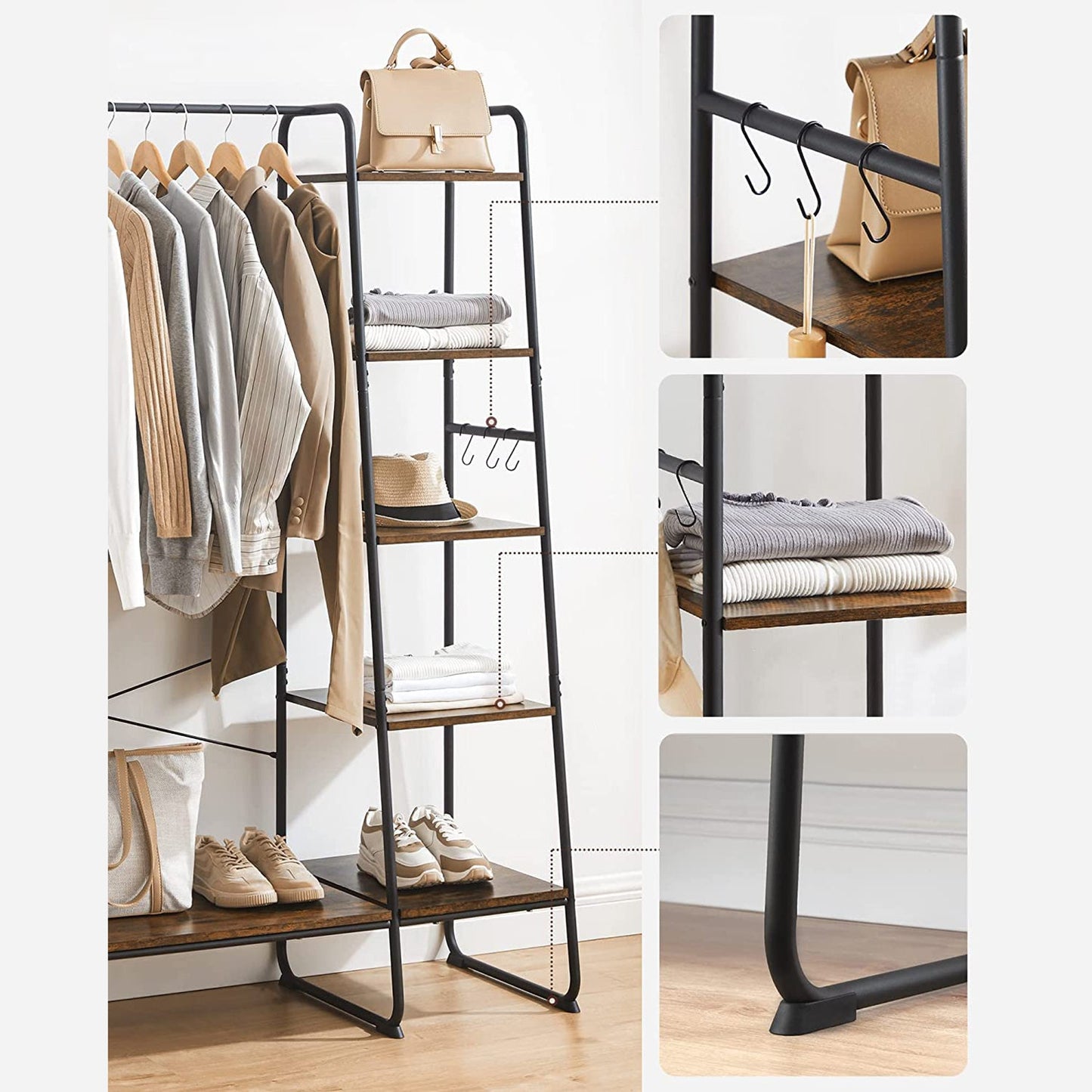 Stand Appendiabiti, Appendiabiti da Terra, Stabile e Robusto, 5 livelli, Guardaroba con deposito per scarpe, VASAGLE, 4