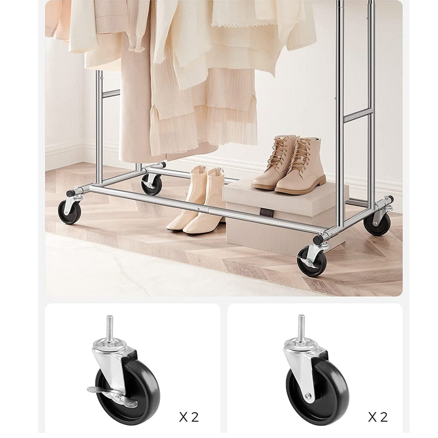 Stand Appendiabiti, con 2 Traverse, con Ruote, Portata Fino a 100 kg, Montaggio rapido in 1 Min, Regolabile, Songmics, 4
