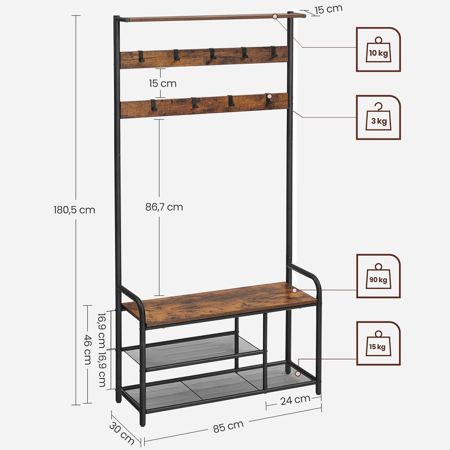 Vasagle, stand cloakroom con una panchina, appendiabiti da ingresso