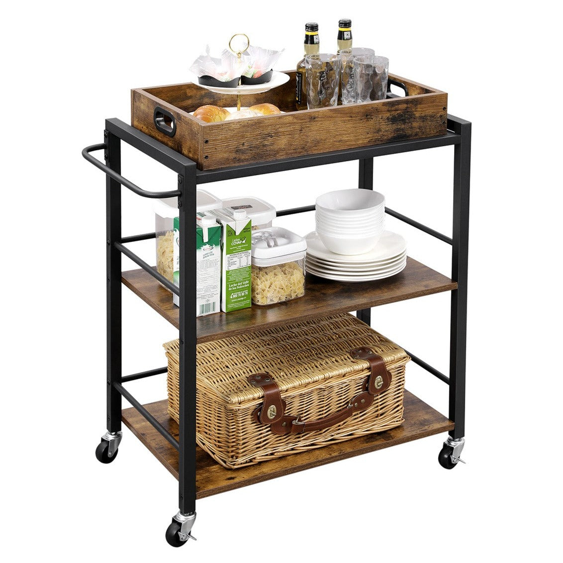 Carrello da Cucina con Vassoio Rimovibile, Carrello Portavivande, Scaffale da Cucina, VASAGLE