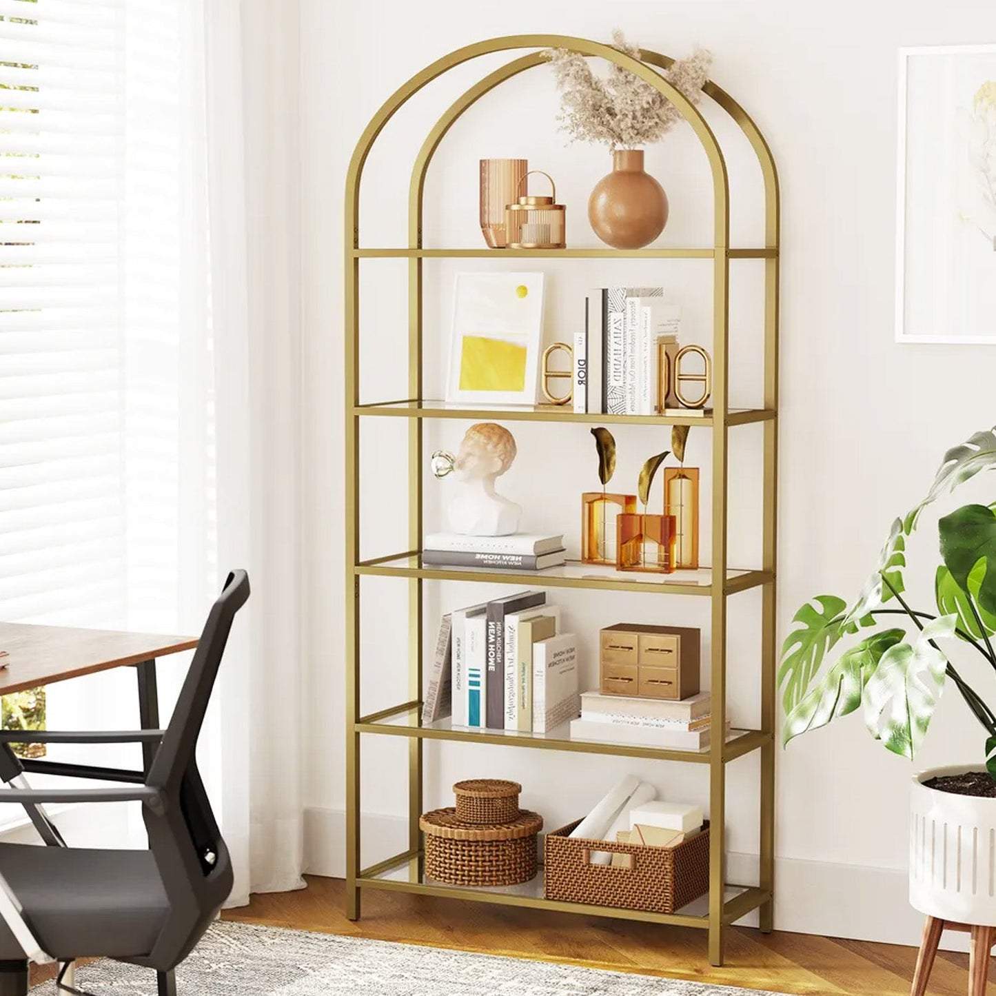 Libreria, Libreria con 5 ripiani, Libreria Dorata, in Vetro Temperato, Struttura in Metallo, Color oro, Vasagle, 2