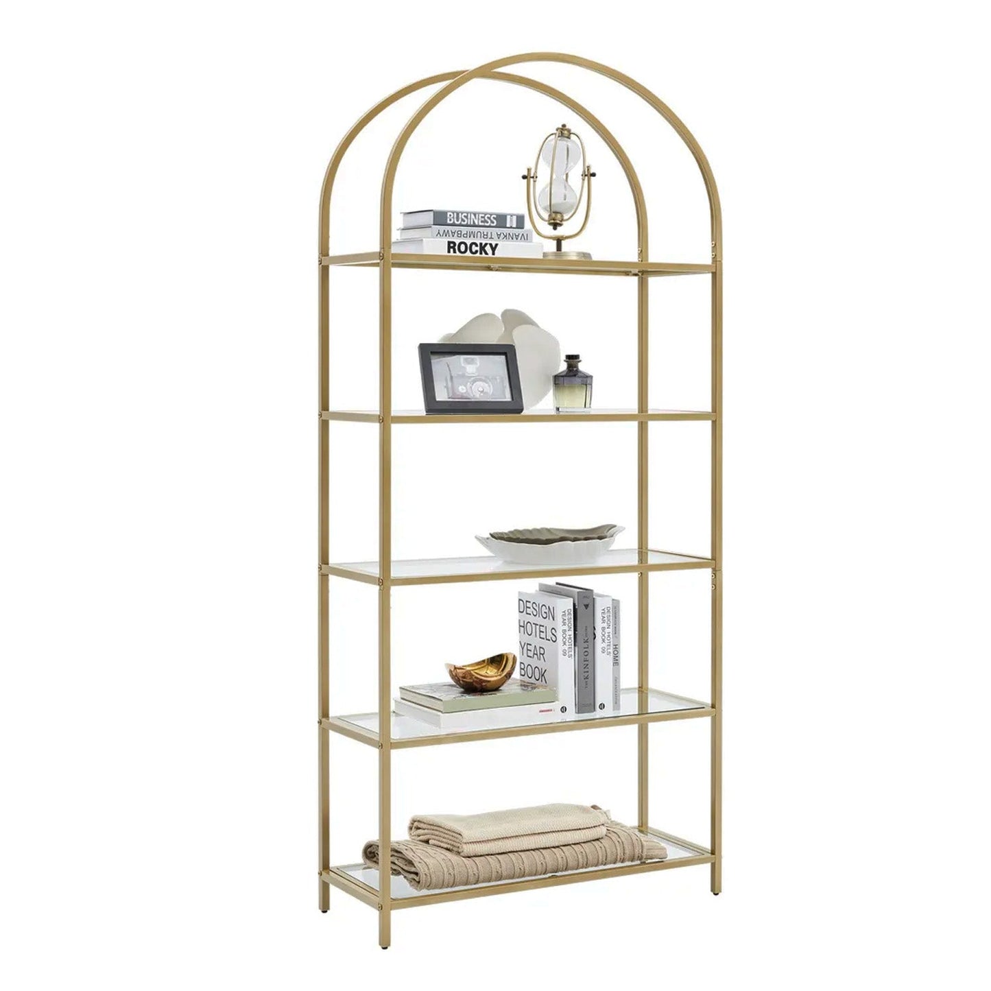 Libreria, Libreria con 5 ripiani, Libreria Dorata, in Vetro Temperato, Struttura in Metallo, Color oro, Vasagle, 12