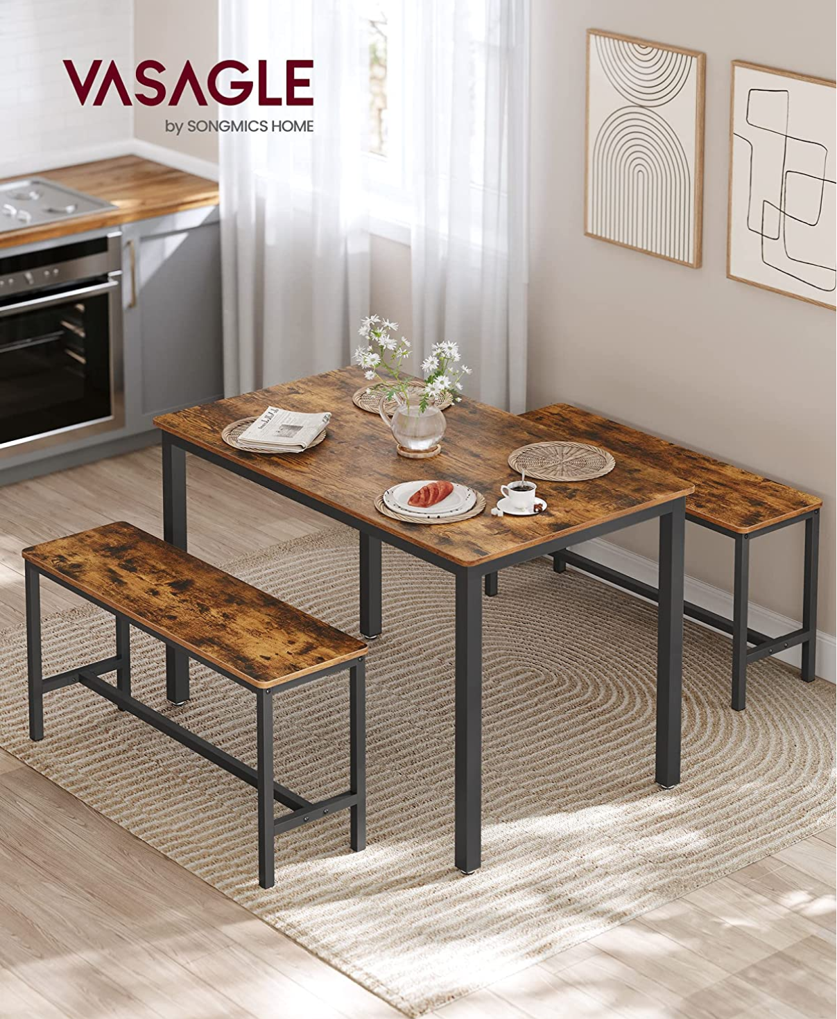 Vasagle, set di tavolo da pranzo e panche, 6