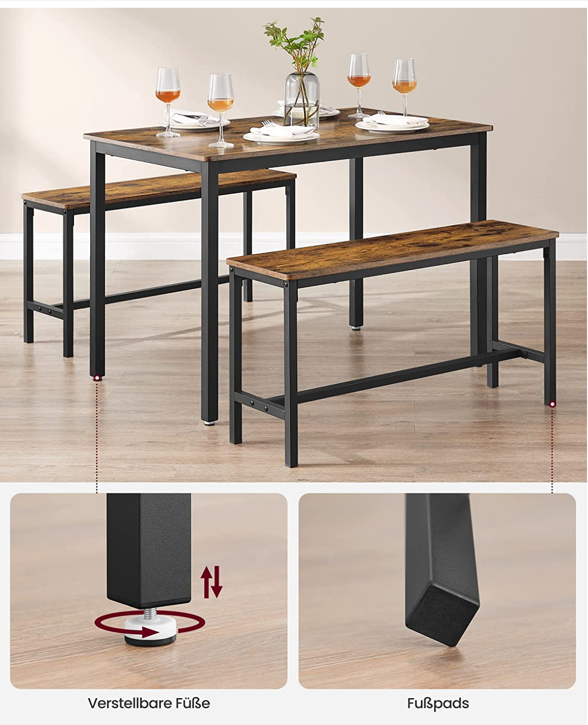 Vasagle, set di tavolo da pranzo e panche, 2