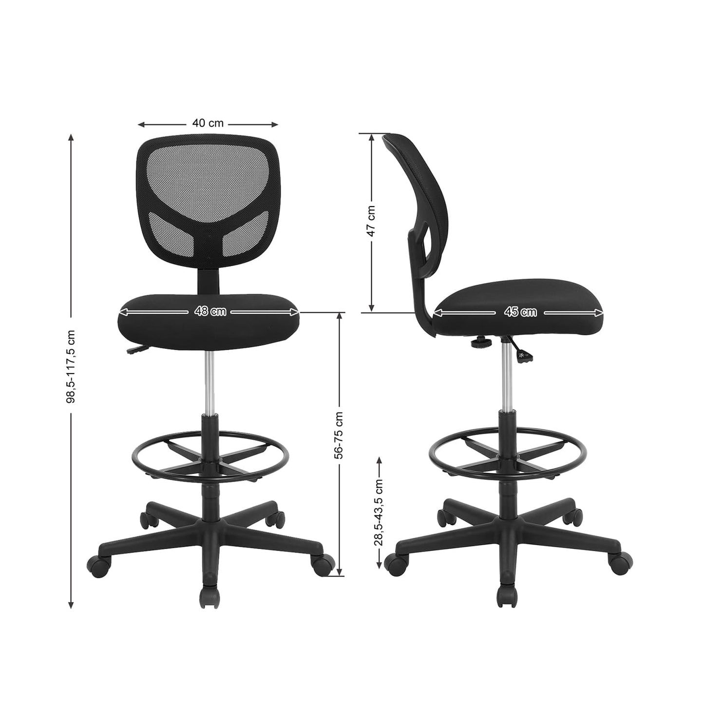 SONGMICS - Sedia da ufficio, Regolabile in altezza - da 98.5 a 117.5 cm,con poggiapiedi, senza braccioli, nero