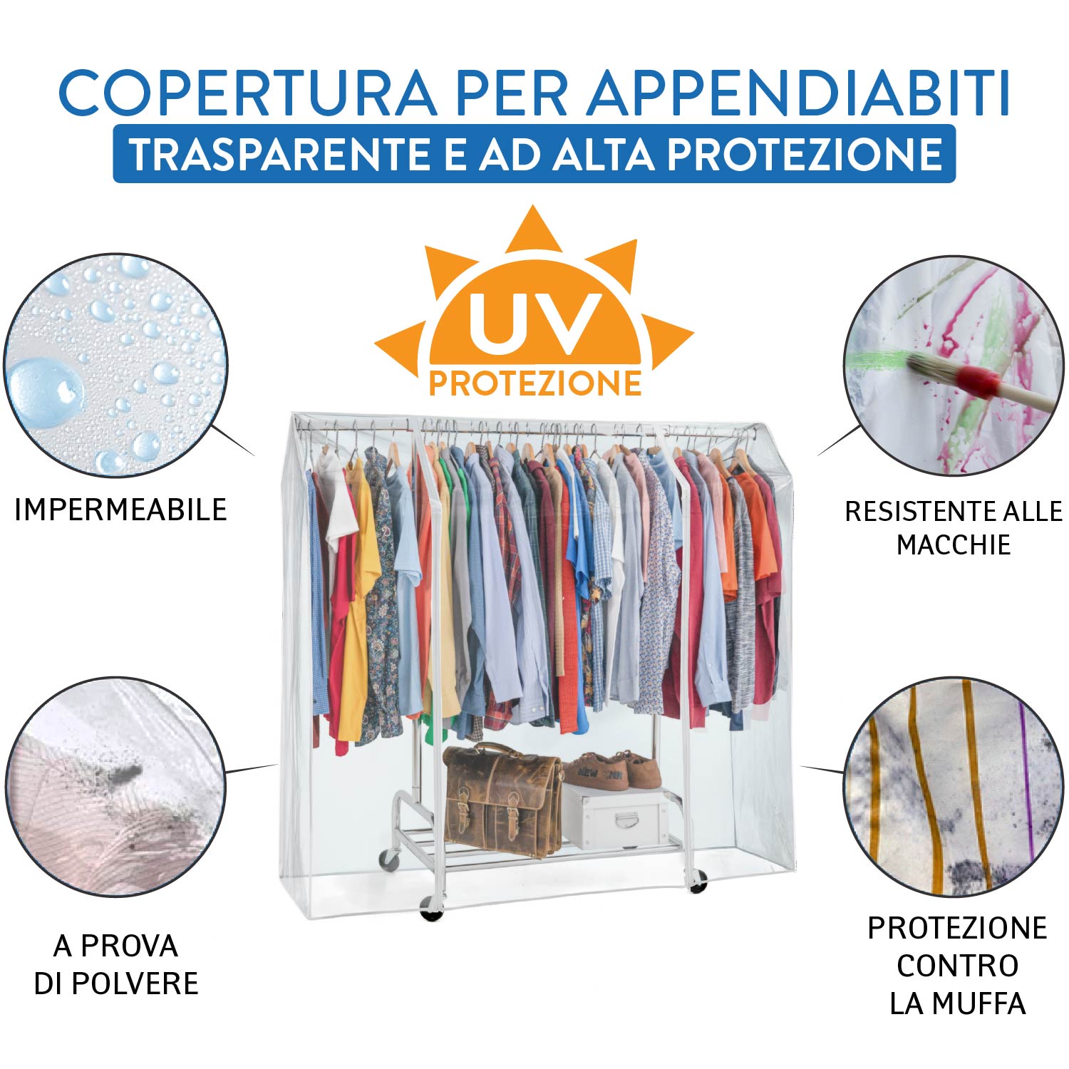 Copri stand appendiabiti, 160x60x145 cm, 2 cerniere, Trasparente, protegge da polvere, umidità, raggi UV, Tatkraft Defender, 3