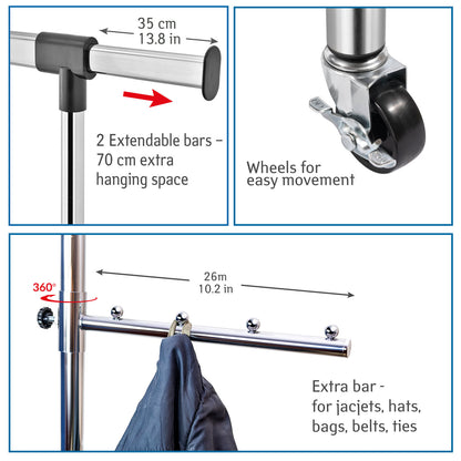 Stand Appendiabiti, Rella Appendiabiti, 4 ruote piroettanti, Facile da montare, Porta abiti, 5