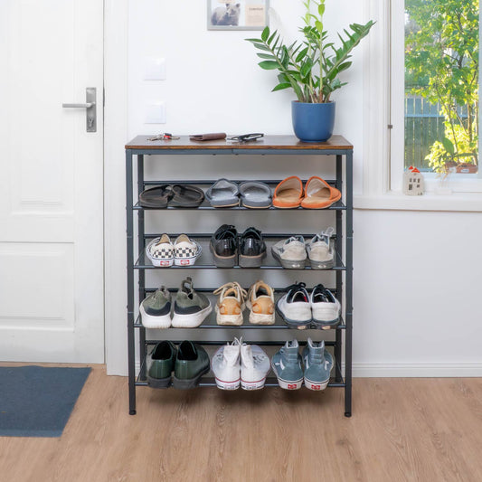 Scarpiera, 5 Livelli, Scarpiera Ingresso, con 4 ripiani metallici regolabili, Scarpiera Salvaspazio, Marrone Vintage-Nero, Tatkraft Otto, 7