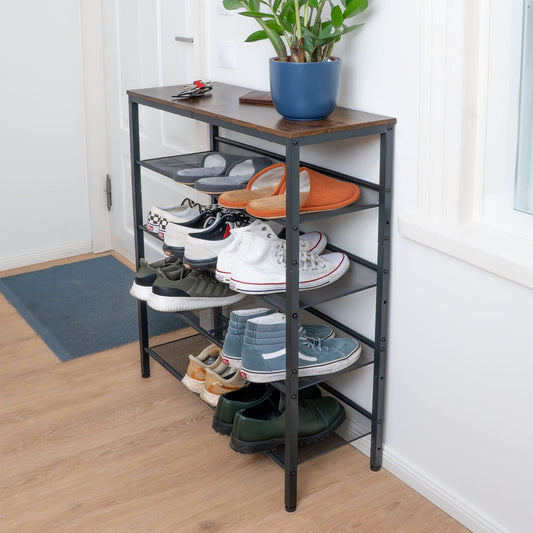 Scarpiera, 5 Livelli, Scarpiera Ingresso, con 4 ripiani metallici regolabili, Scarpiera Salvaspazio, Marrone Vintage-Nero, Tatkraft Otto, 1