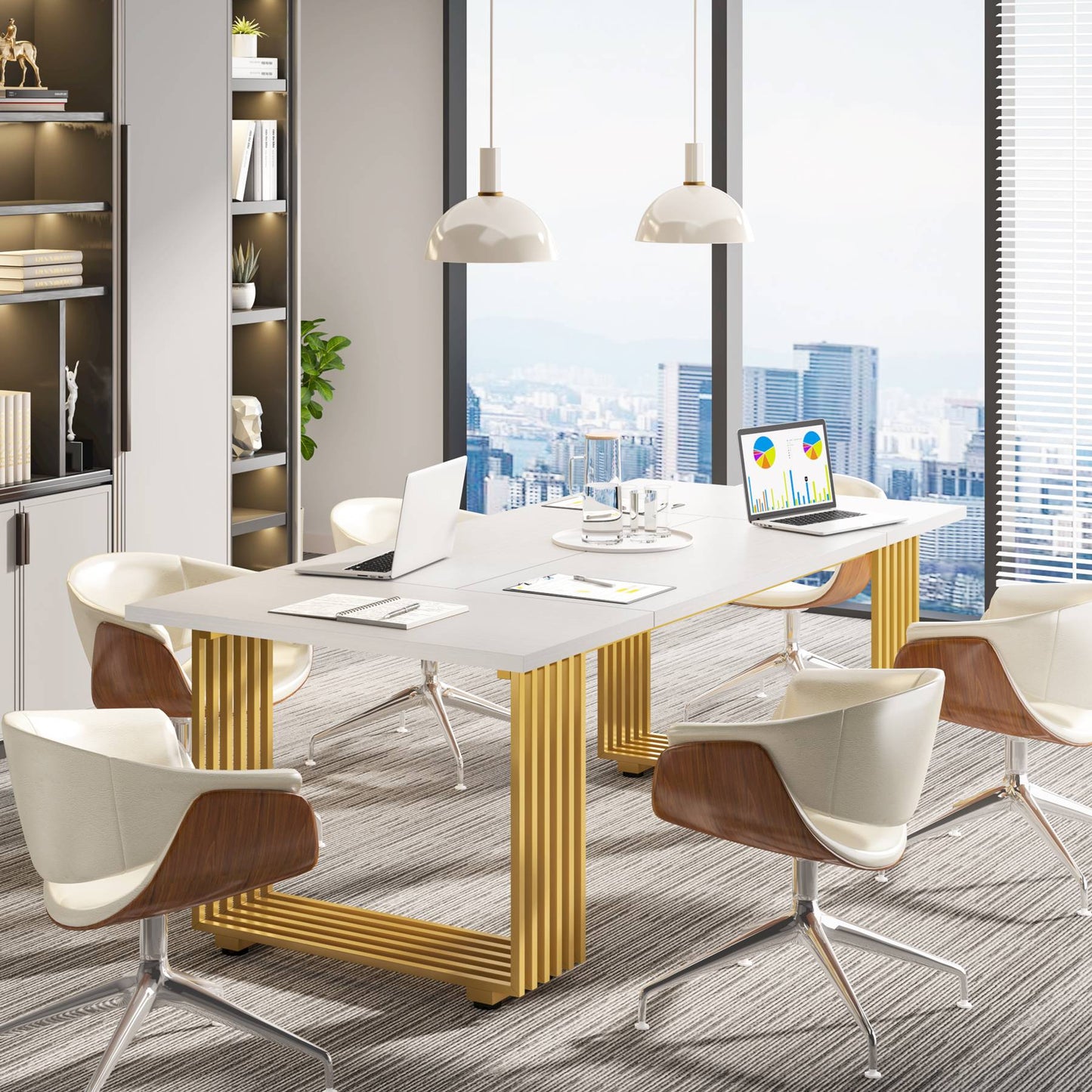 Scrivania, 180 x 79 x 78 cm, Scrivania PC, con gambe dorate, Tavolo Riunioni, Bianco e Oro, Tribesigns