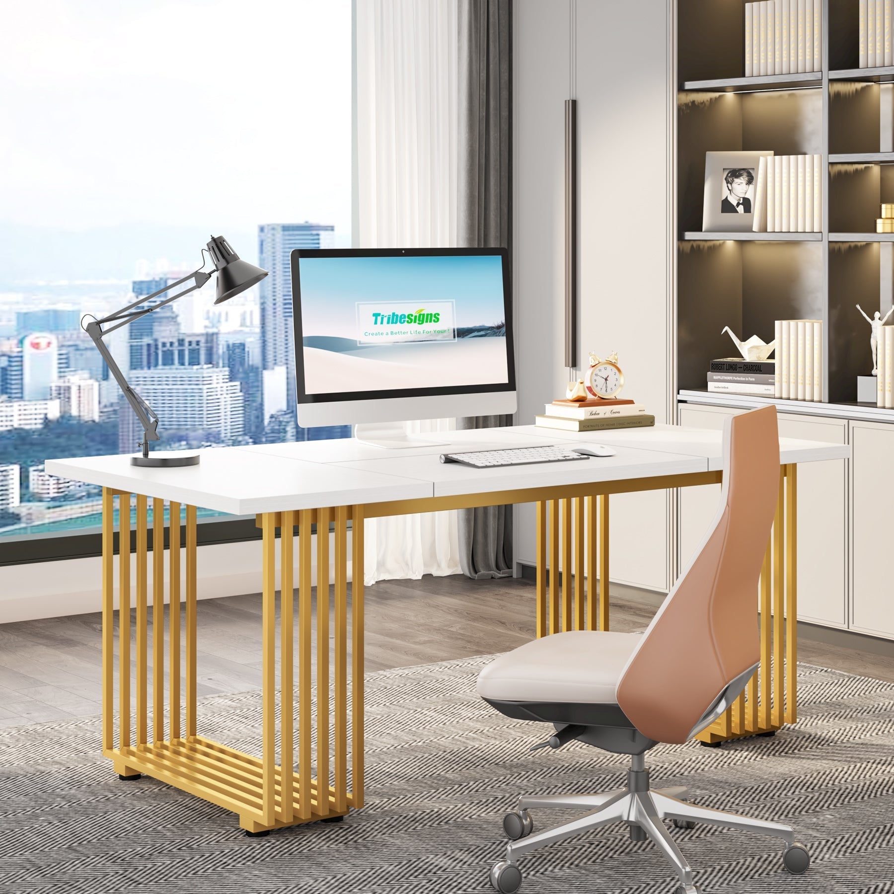 Scrivania, 180 x 79 x 78 cm, Scrivania PC, con gambe dorate, Tavolo Riunioni, Bianco e Oro, Tribesigns