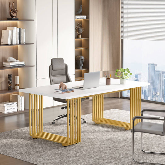 Scrivania, 180 x 79 x 78 cm, Scrivania PC, con gambe dorate, Tavolo Riunioni, Bianco e Oro, Tribesigns