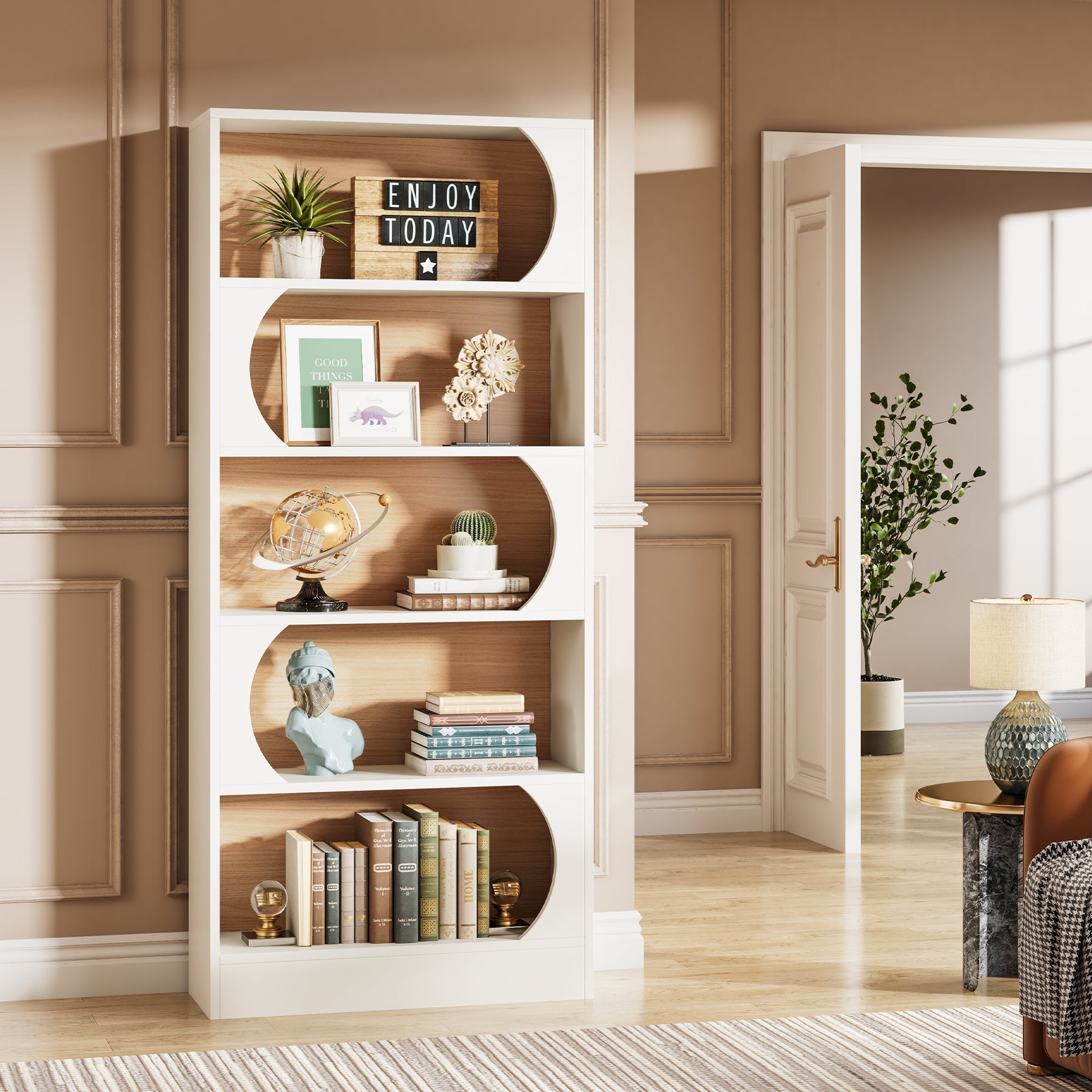 Libreria, 5 Ripiani, Libreria Verticale, 80x30x180 cm, Scaffale Libreria, Aperto Portaoggetti, con mensole, Bianco Noce, Tribesigns