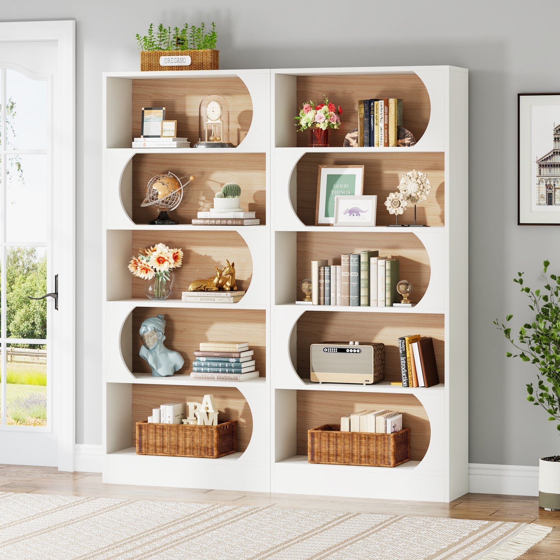 Libreria, 5 Ripiani, Libreria Verticale, 80x30x180 cm, Scaffale Libreria, Aperto Portaoggetti, con mensole, Bianco Noce, Tribesigns