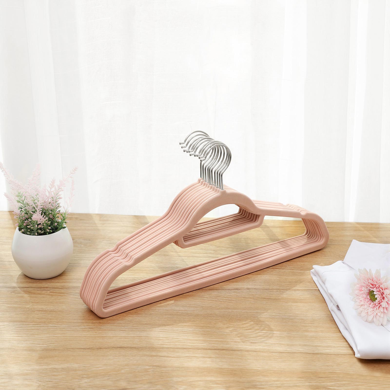 Grucce per Abiti, in Velluto, 50 Pezzi, Grucce per Pantaloni, 43,5cm, Gancio Girevole, Grucce Salvaspazio, Rosa, , Songmics, 8