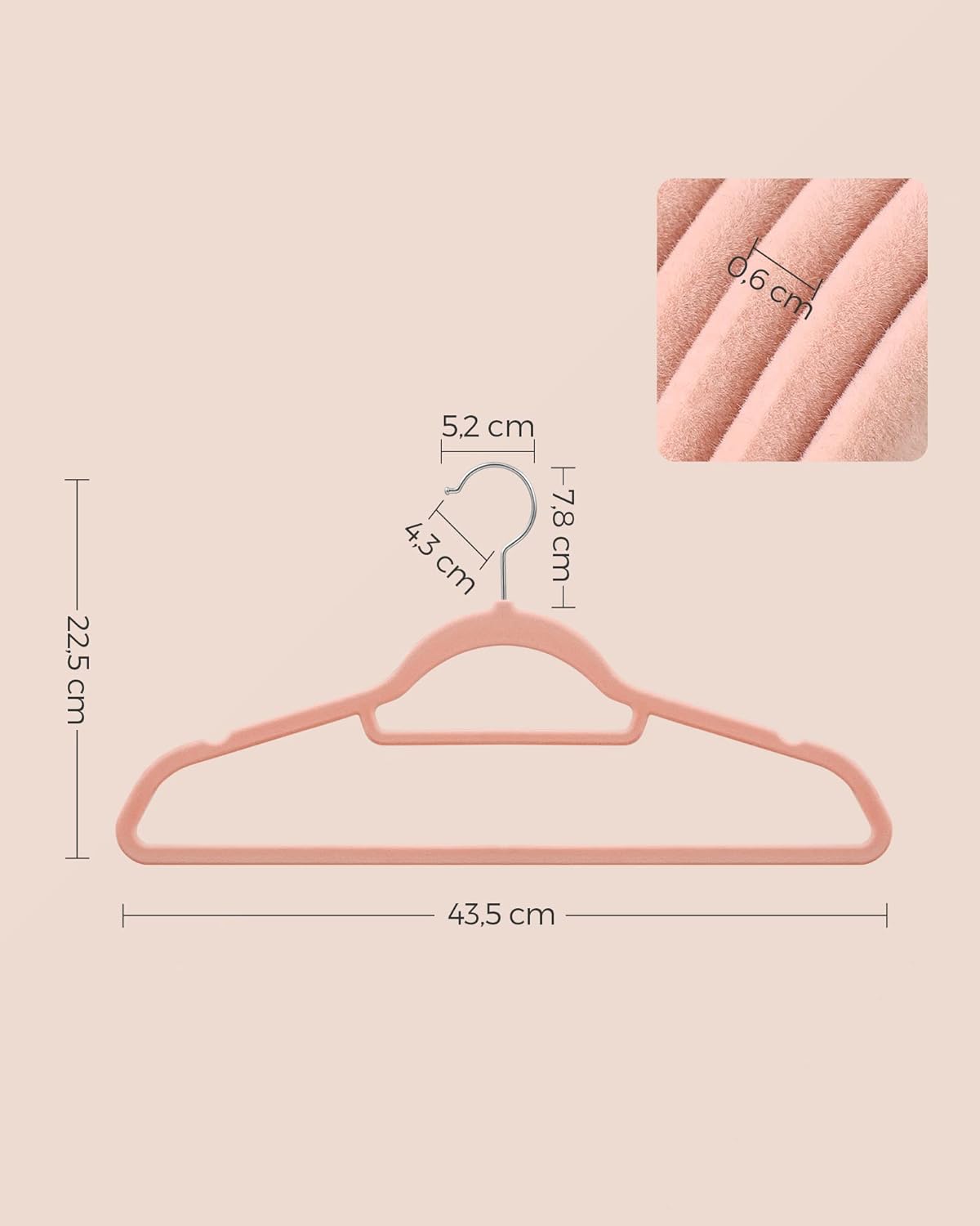 Grucce per Abiti, in Velluto, 50 Pezzi, Grucce per Pantaloni, 43,5cm, Gancio Girevole, Grucce Salvaspazio, Rosa, , Songmics, 3