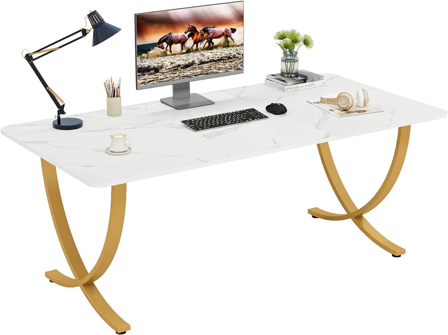 Scrivania, 160x80x75 cm, Scrivania Ufficio, con piano in finto marmo e gambe in metallo, Bianco e Oro, Tribesigns
