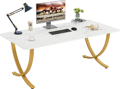 Scrivania, 160x80x75 cm, Scrivania Ufficio, con piano in finto marmo e gambe in metallo, Bianco e Oro, Tribesigns