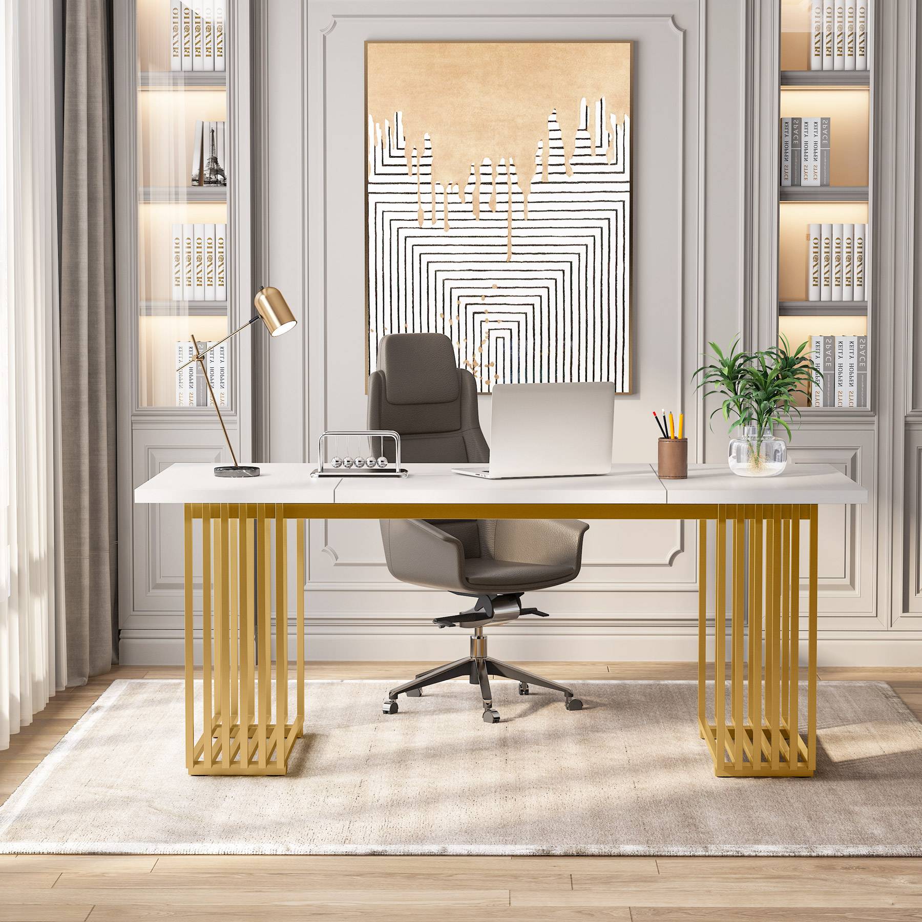 Scrivania, 180 x 79 x 78 cm, Scrivania PC, con gambe dorate, Tavolo Riunioni, Bianco e Oro, Tribesigns