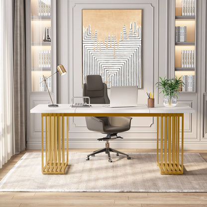 Scrivania, 180 x 79 x 78 cm, Scrivania PC, con gambe dorate, Tavolo Riunioni, Bianco e Oro, Tribesigns