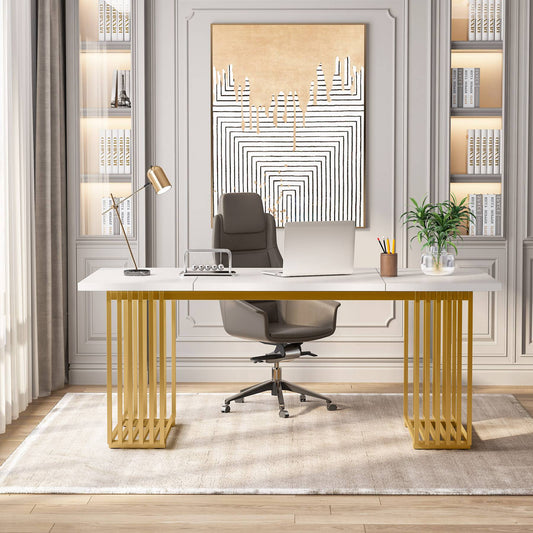 Scrivania, 180 x 79 x 78 cm, Scrivania PC, con gambe dorate, Tavolo Riunioni, Bianco e Oro, Tribesigns