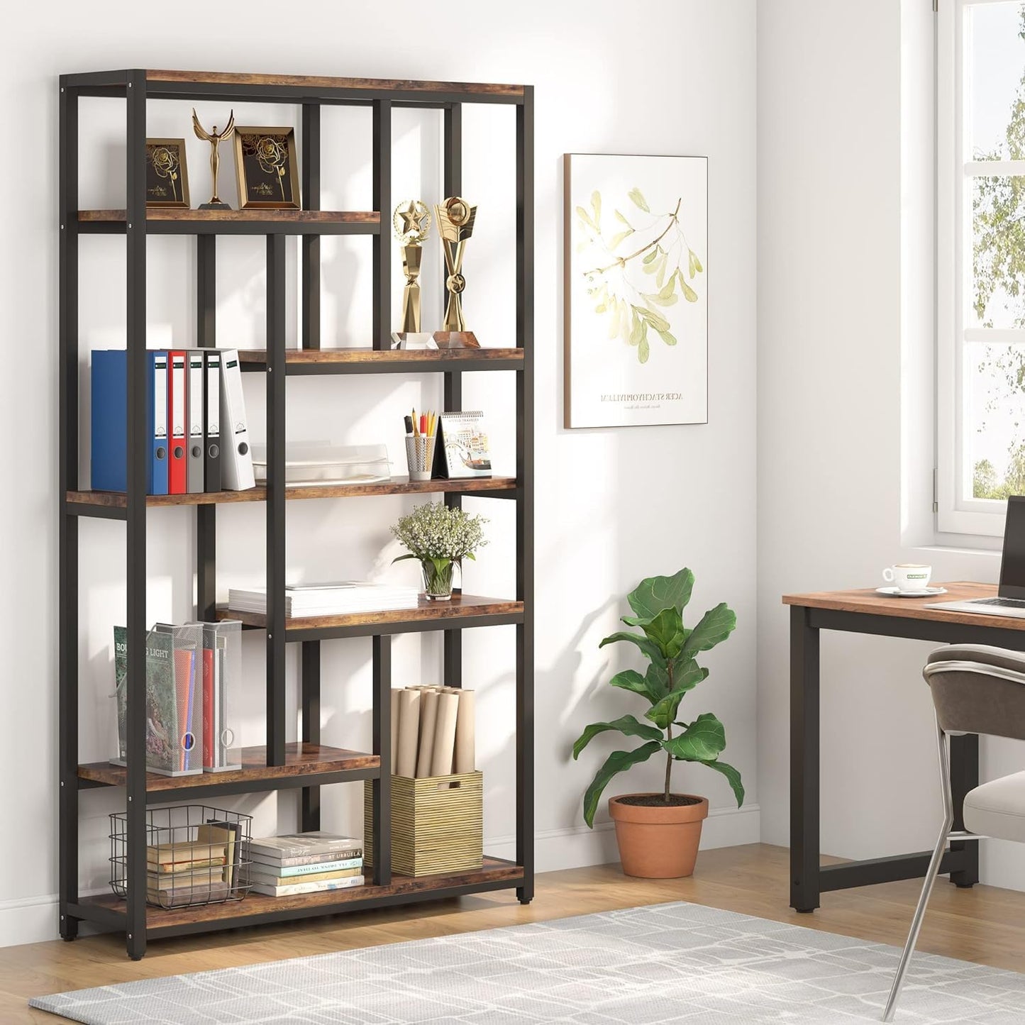Libreria, 7 ripiani, Librerie Moderne, 100 × 30 × 200 cm, Libreria Verticale, con Struttura in Acciaio, Marrone, Tribesigns