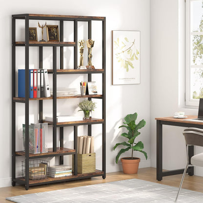 Libreria, 7 ripiani, Librerie Moderne, 100 × 30 × 200 cm, Libreria Verticale, con Struttura in Acciaio, Marrone, Tribesigns