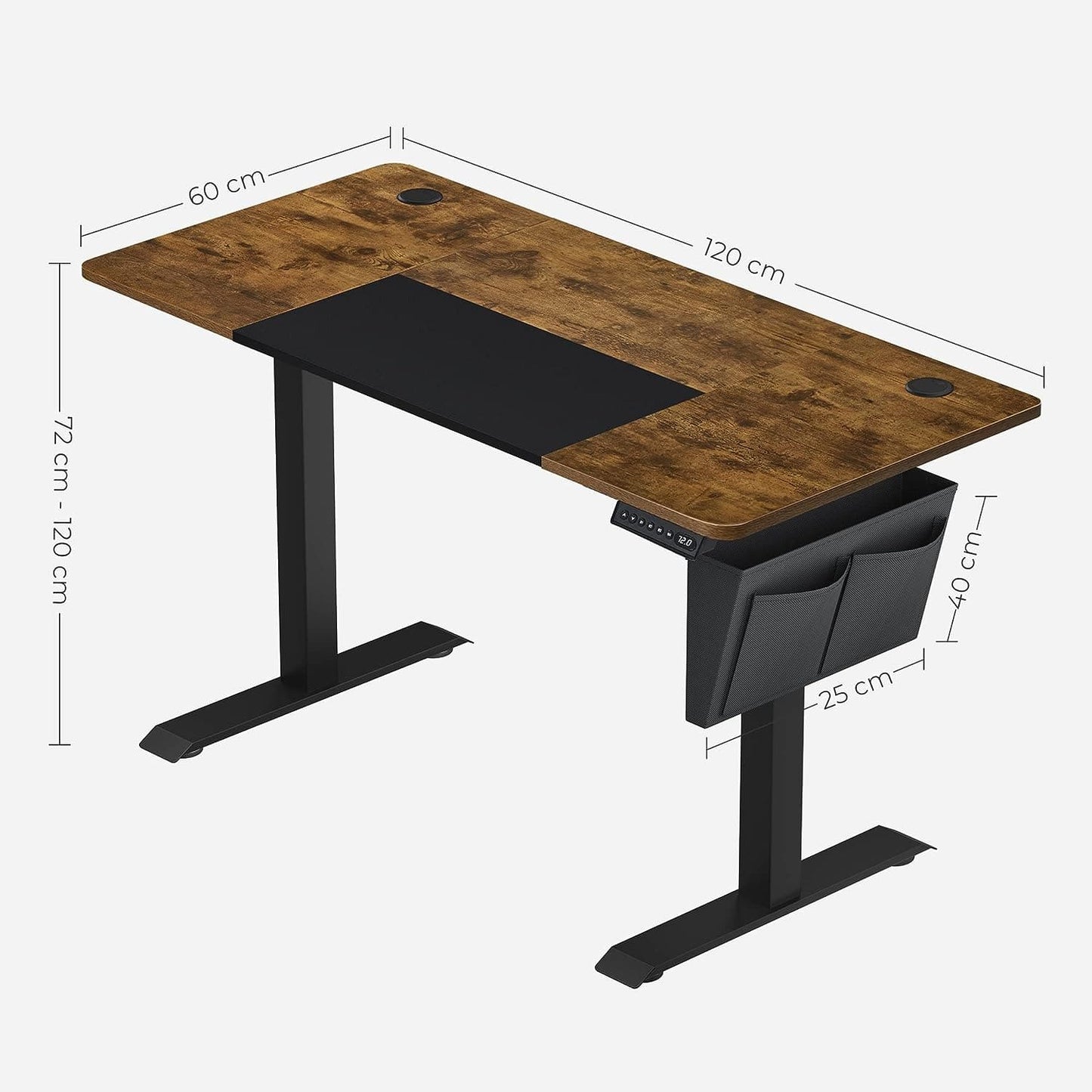 Tavolo ufficio, Regolabile in altezza, Memorizza 4 Altezza, con Tasca Portaoggetti, in Acciaio, 120 x 60 x (72-120) cm