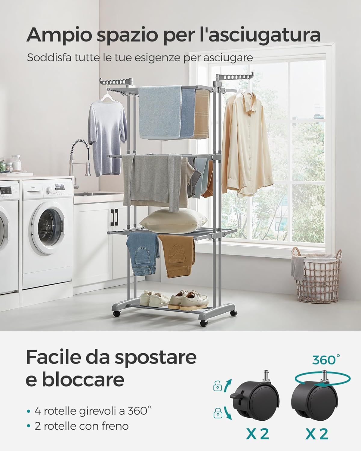 Stendibiancheria, 4 Livelli, Stendino Verticale Pieghevole, ali Richiudibili, Stendino da Balcone, con Ruote, Grigio, , Songmics, 3
